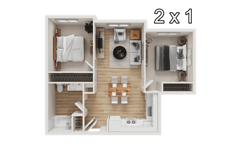 Floor plan for 2 beds, 1 bath, 716 sqft